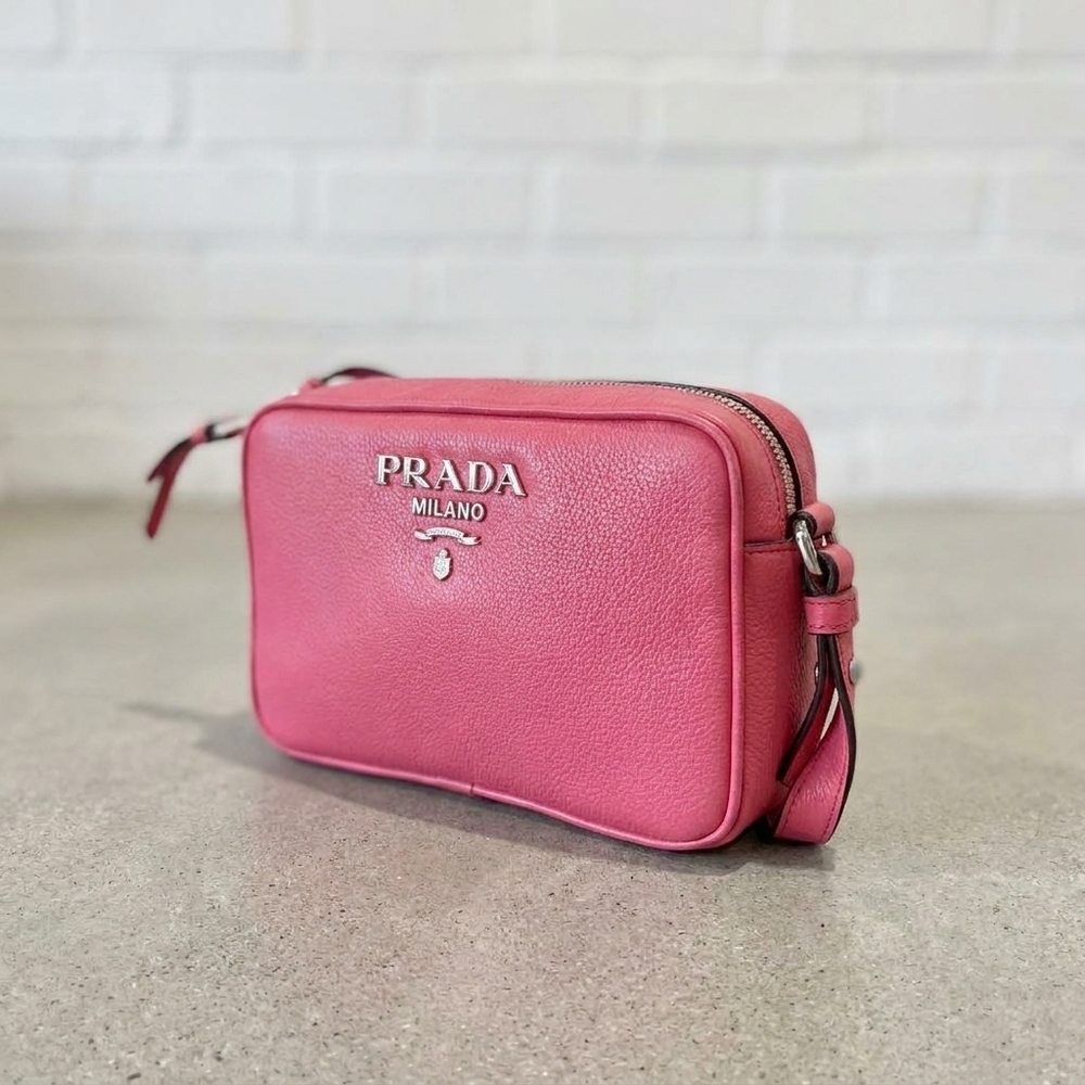 NEW PRADA women's vitello phenix leather small camera crossbody bag in pink